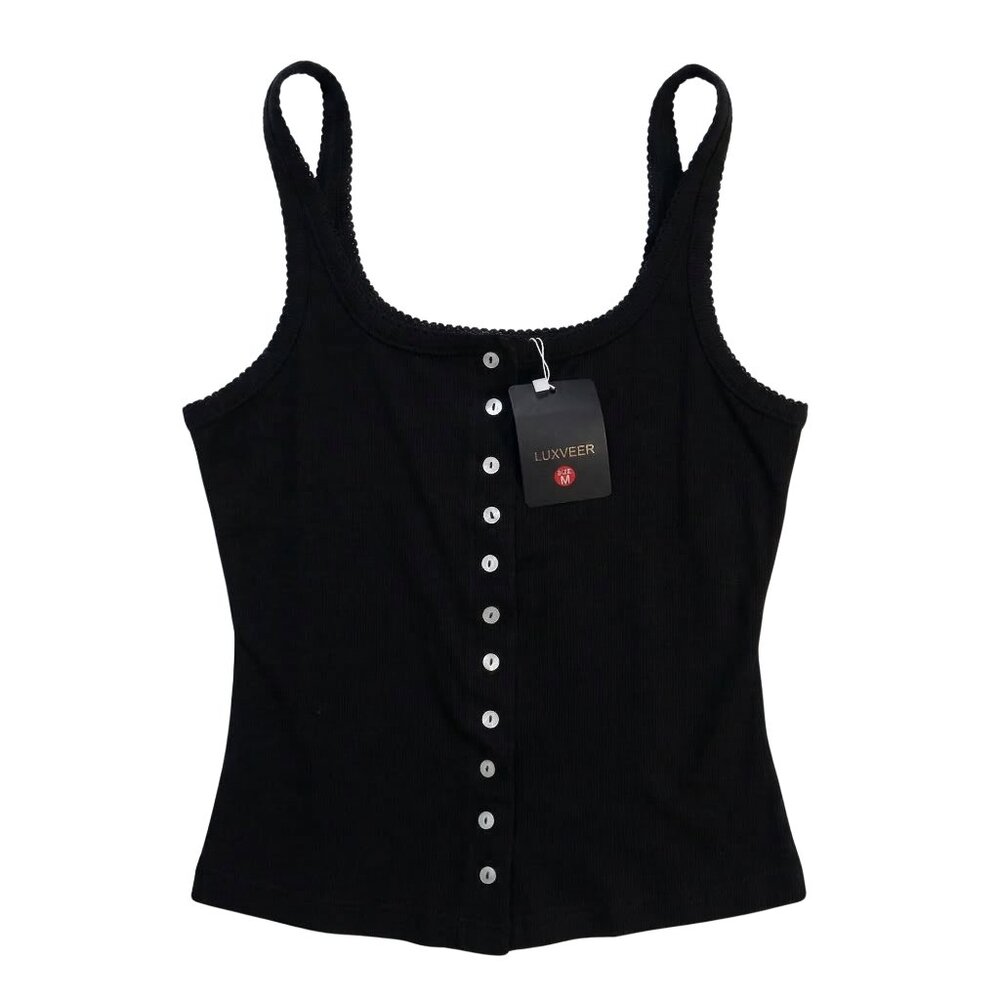 NWT | Luxveer Ribbed Button-Up Tank Top | Onyx Black | Medium